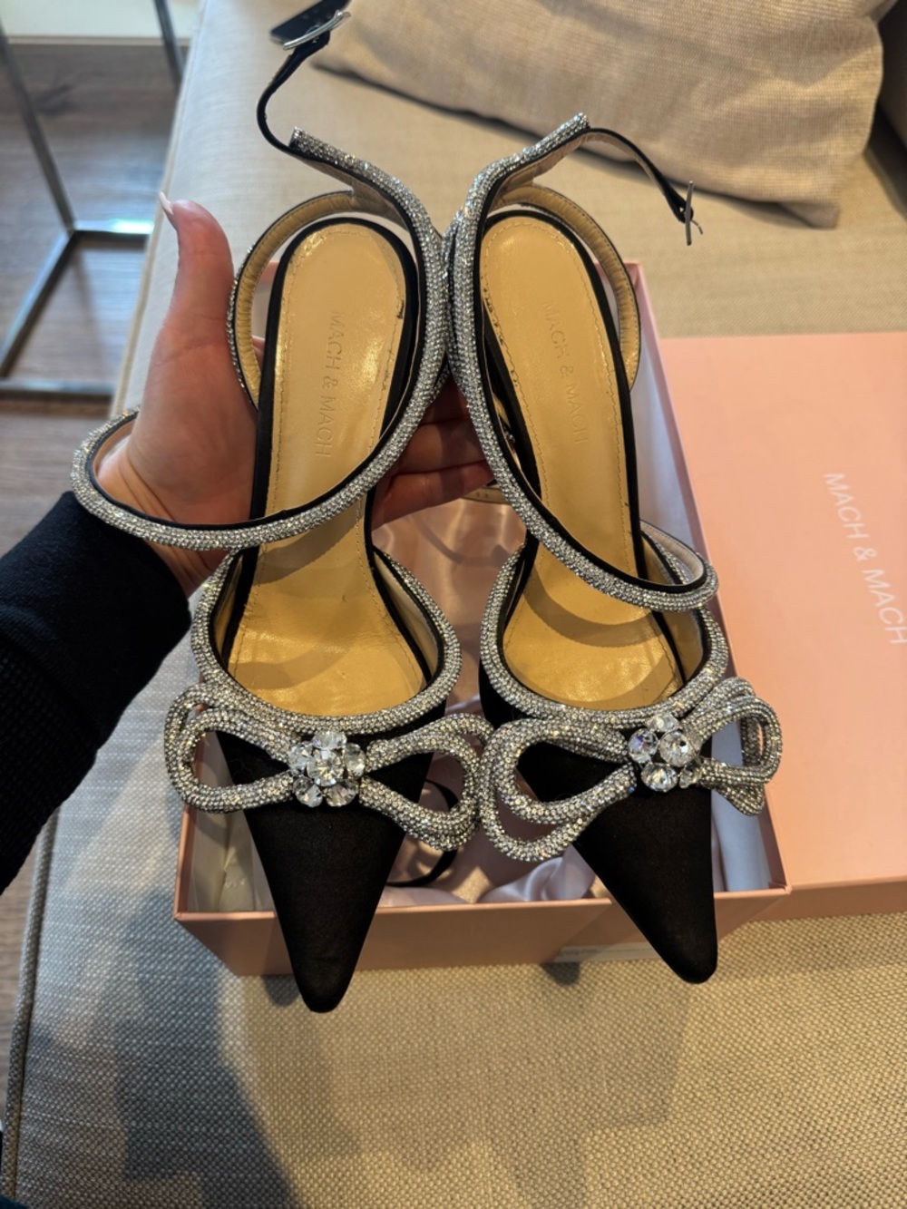 Mach & Mach satin Black Crystal Bow Pointed Toe Slingback Heels